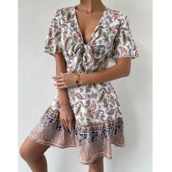 Boho navy Floral Paisley Print Butterfly Sleeve Mini Dress - Picture 9 of 12